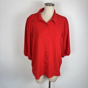 Fair Haven Womens 1X Red Button Front Puff Sleeve Blouse Top Shirt Collared